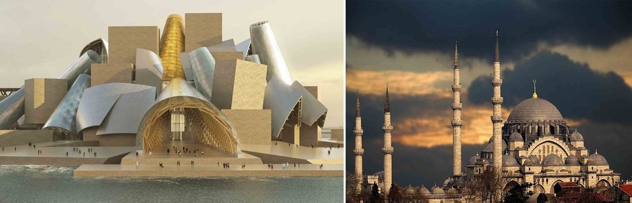 Left: Frank Gehry’s design for the Guggenheim Abu Dhabi, right: Istanbul’s Suleymaniye Mosque