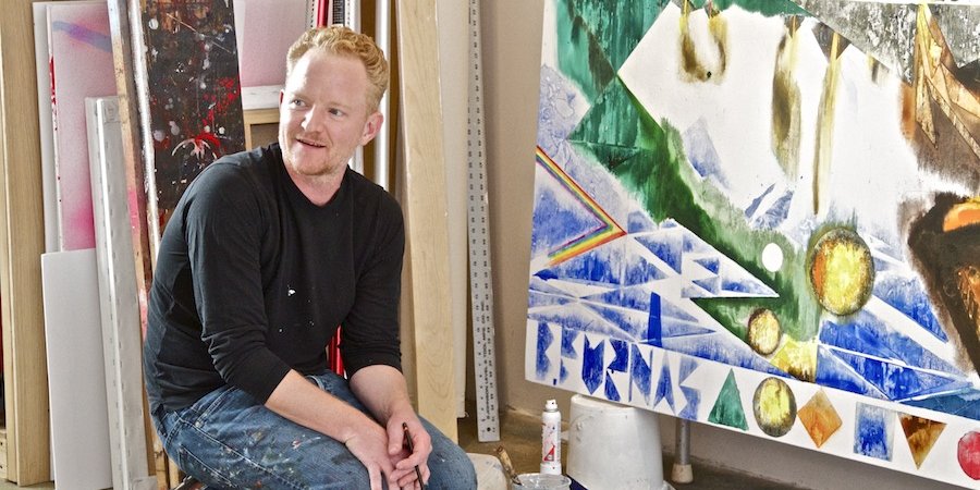 The painter Barnaby Furnas in his Chelsea studio, at work on a painting from his current show at Marianne Boesky (Sept. 10 - Oct. 10). Photographs: Simon Courchel for Artspace