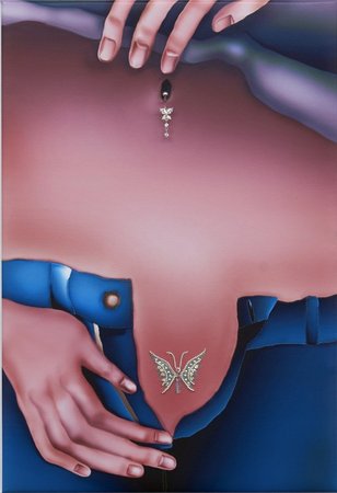 Pierced belly button, vajazzled pubic area, 2015