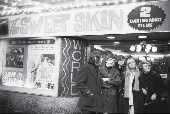 Cale; Jan Cremer, Dutch author, lk, Jan Cremer; Morrissey; Nico; Malanga, in front of World Theater; Nico appeared in The Sweet Skin