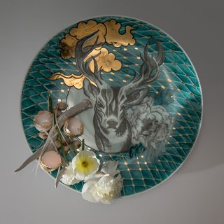 Melanie Sherman, Plate with Antler, Flowers, Egg Shells, Onions and Fish