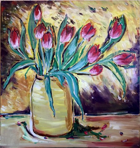 Scooter Laforge - Red Tulips with Yellow Background