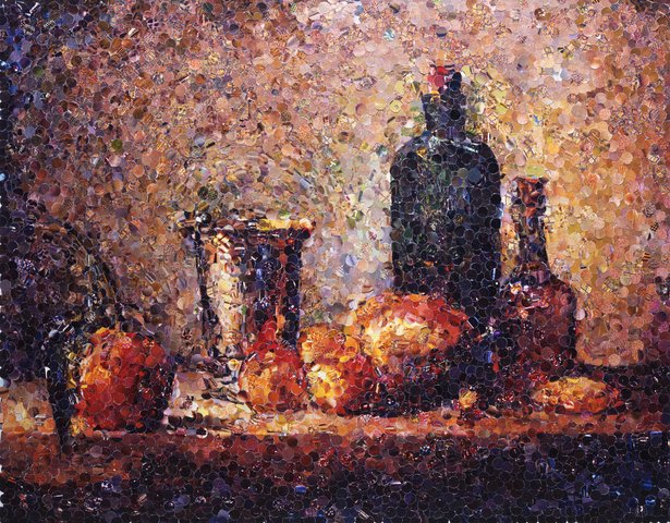 Vik Muniz - Seville Orange, Silver Goblet, Apples, Pear, and Two Bottles, After Chardin (from Pictures of Magazines)”