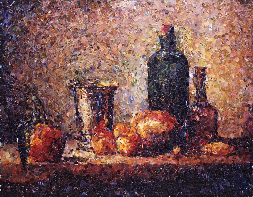 Vik Muniz, Seville Orange, Silver Goblet, Apples, Pear, and Two Bottles, After Chardin (from Pictures of Magazines)”