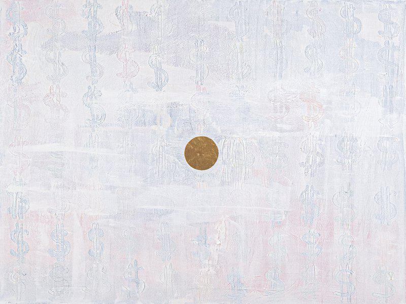 by yuri-figueroa - Snow Money - White Dollar Sign Abstract Painting with Gold Leaf