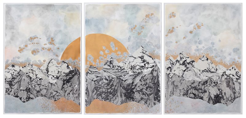 picture of the exhibition location "the moon and the tides, 'please be gentle'," 2016, collage, gouache, ink and watercolor on paper, triptych, each panel 44 x 30 inches