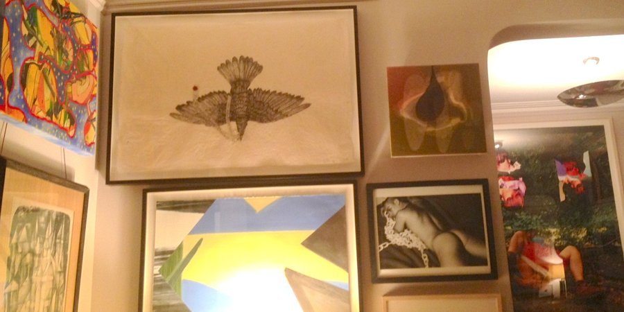 At top, a 2003 Kiki Smith collage lithograph purchased at a benefit for Momenta Art.