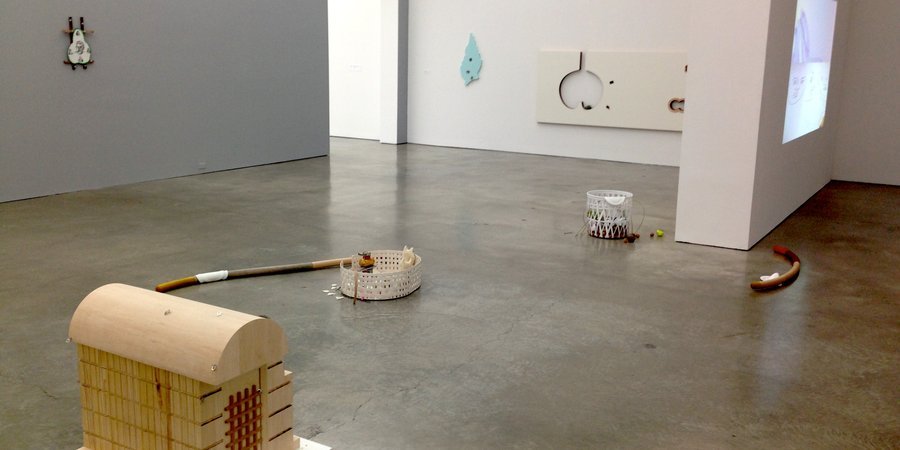 Installation view of Helen Marten's "No Borders In a Wok That Can't Be Crossed."