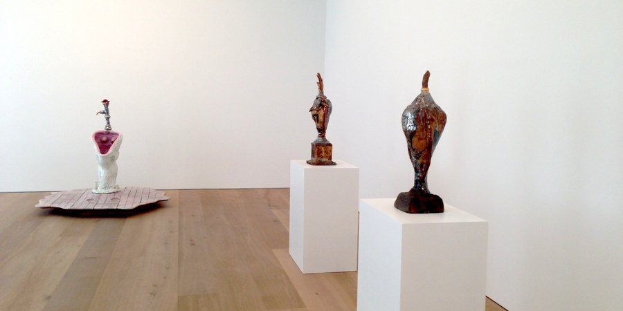 An installation view of Robert Arneson's exhibition of early ceramics at David Zwirner's 20th Street gallery.