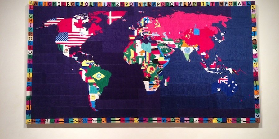 A specacular Alighiero e Boetti map painting in the living room