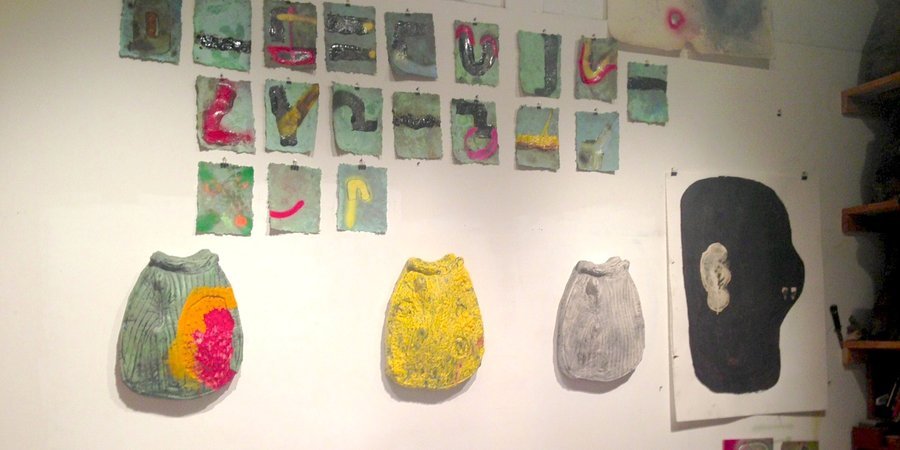 New plaster wall sculptures and drawings at Kevin Lips's Bushwick studio.