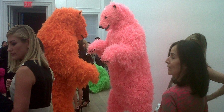 Paola Pivi's feathery foam bears at the opening of "Ok, You Are Better Than Me, So What?" at Perrotin