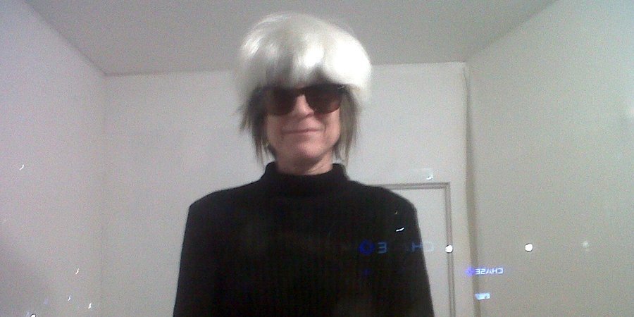 Linda Yablonsky dressed as Andy Warhol for the opening of the "Area" exhibition curated by Jeffreh Deitch at The Hole