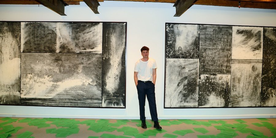 Artist Toby Christian with his work at the opening of the new RH Contemporary Art gallery in Chelsea, photo by Patrick McMullan