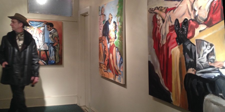 Walter's "romance" paintings on view at Spring/Break (note the carpeting)