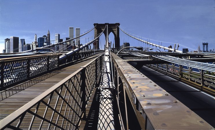 Richard Estes, Brooklyn Bridge , 1993. Oil on canvas, 39 x 78 in. (99.06 x 198.12 cmR)