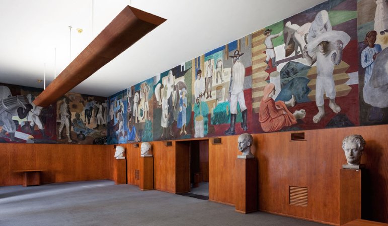 Mural panels illustrating education through work, 1936â€“44. Mural.