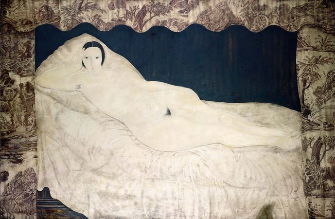 Fujita Tsuguharu, Reclining Nude with Toile de Jouy, 1922