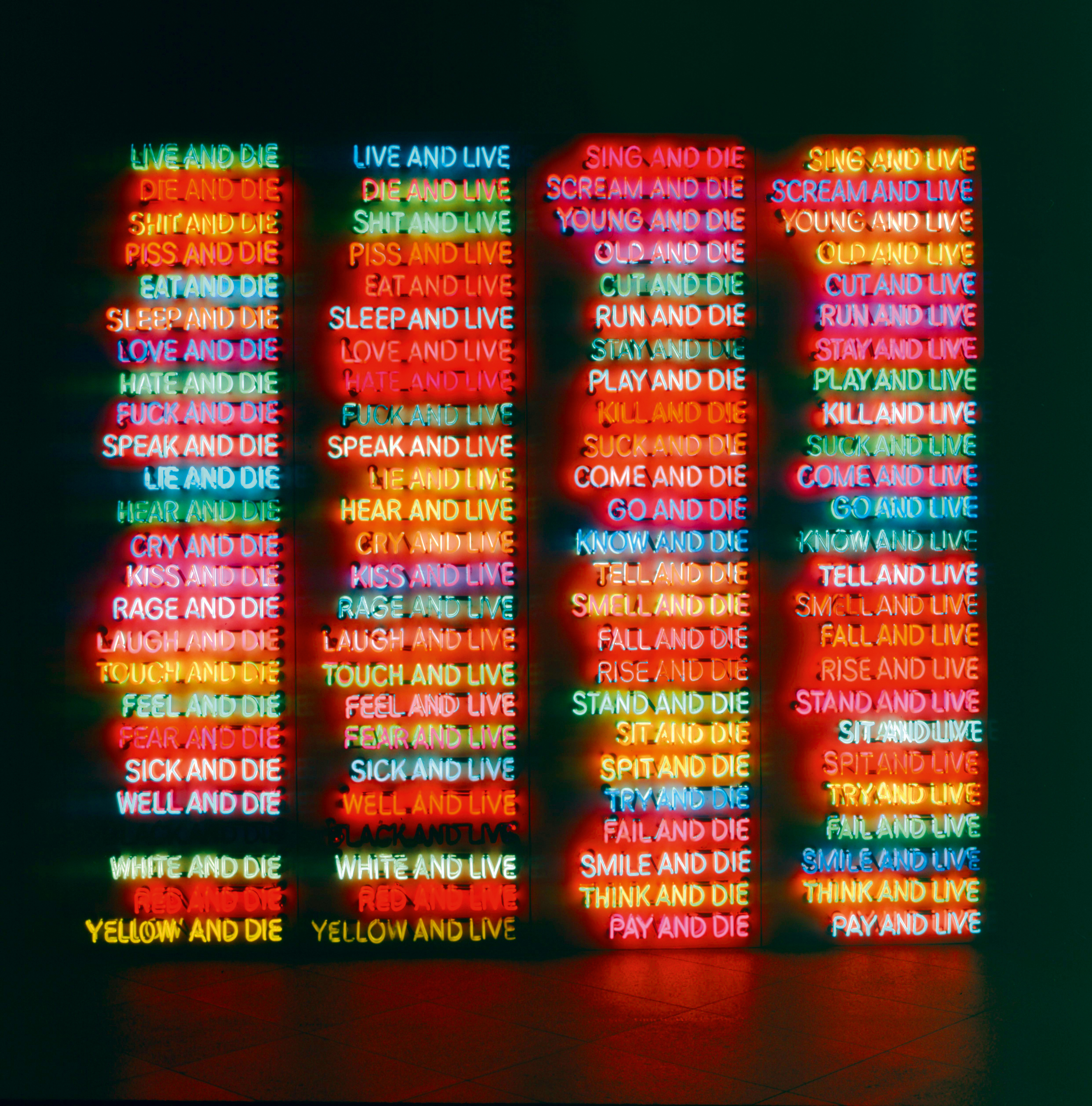 One Hundred Live and Die, 1984, Neon tubing with clear glass tubing on metal monolith