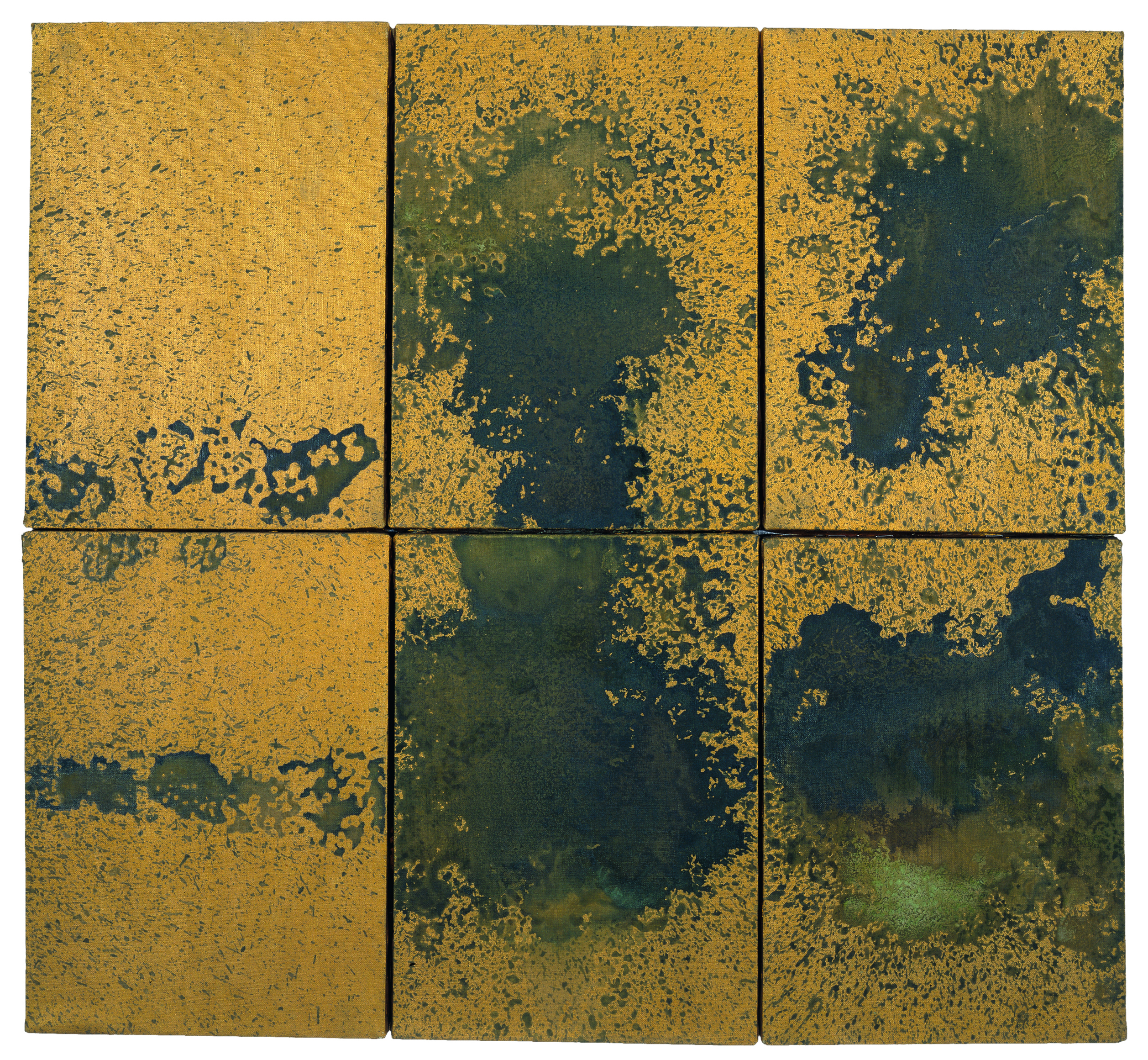 Andy Warhol, Oxidation, 1977–78, urine and metallic paint on linen, six canvases. Present 