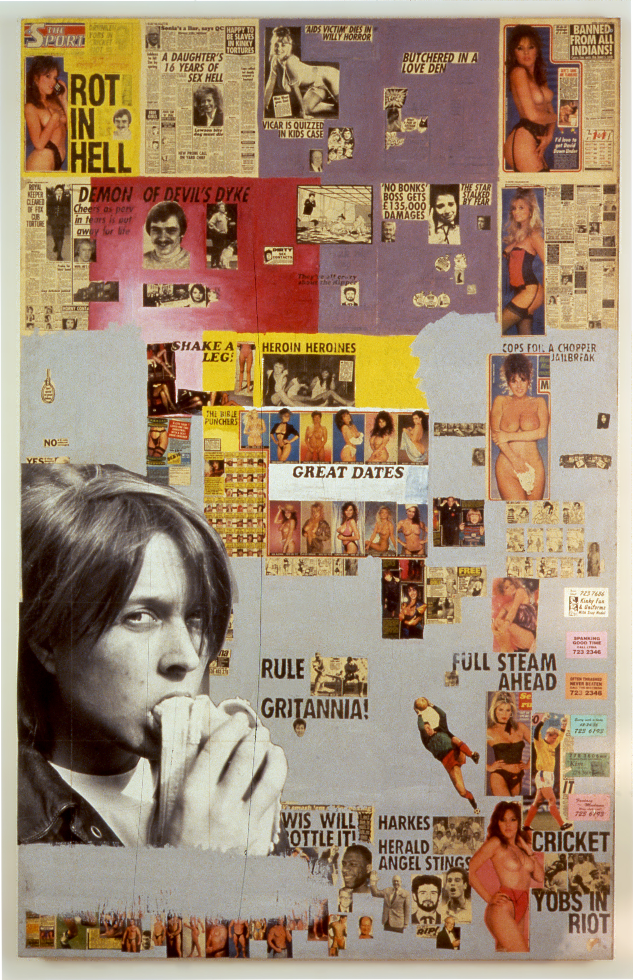 Sarah Lucas, Great Dates, 1992. Collage and paint on board, 88 x 56 1/2 in (223.5 x 143.5 