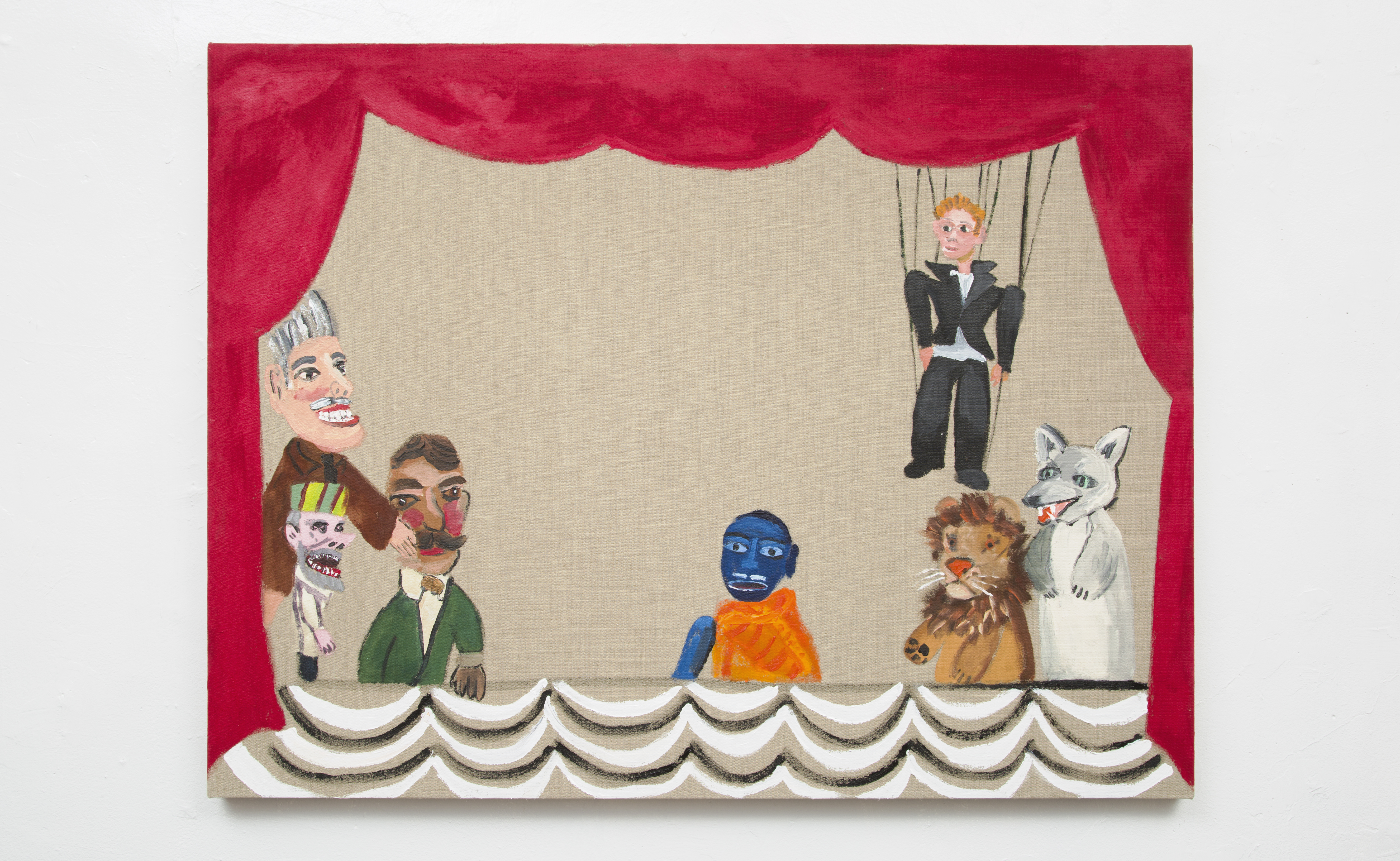 Tabboo! Puppet Show, 2017 on view at Western Exhibitions. Acrylic on linen 32 x 42 inches.