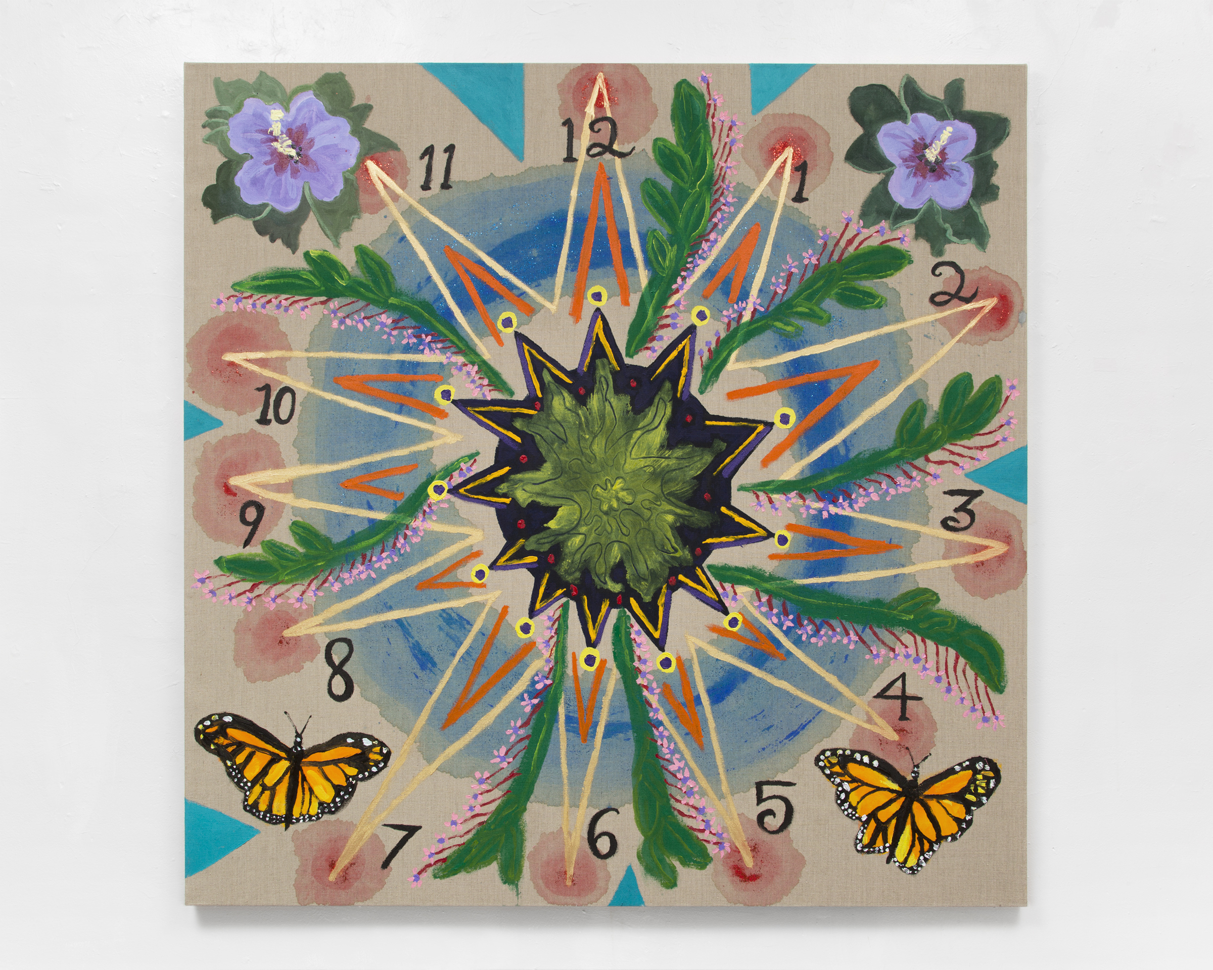 Tabboo! The Clock, 2018, currently on view at Herald St. Acrylic and glitter on linen, 60 