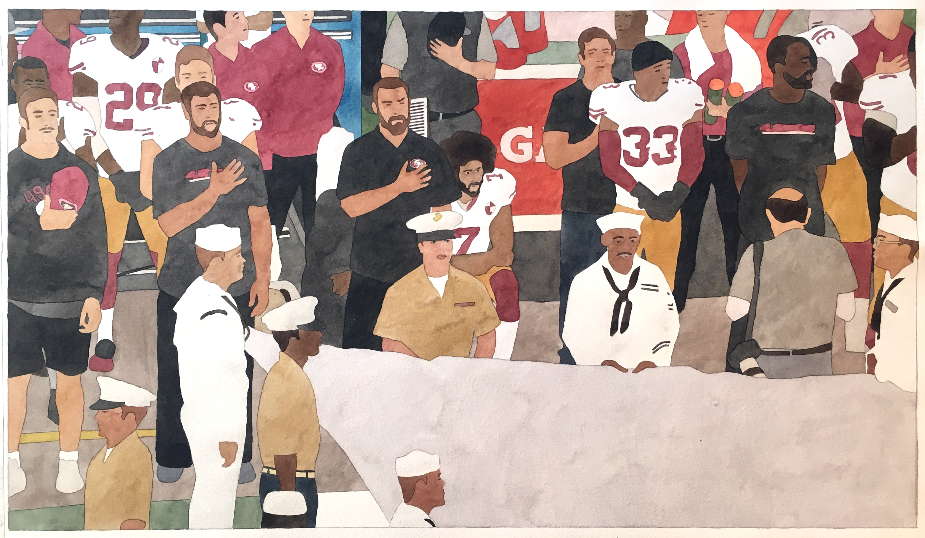 National Anthem (San Francisco 49ers) , 2019, watercolor on paper, c/o Haines Gallery