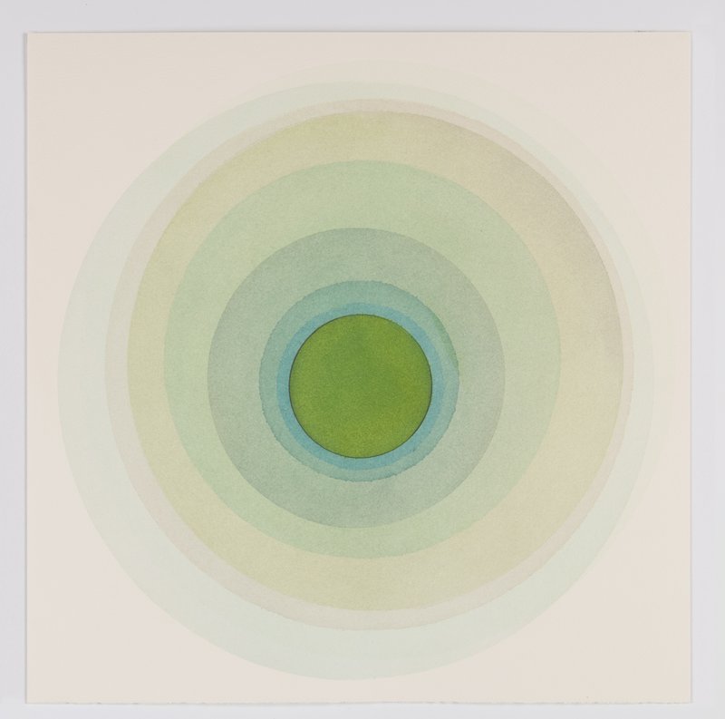 Soft pastel green abstract geometric circle watercolor on paper, 20" x 20", available now 