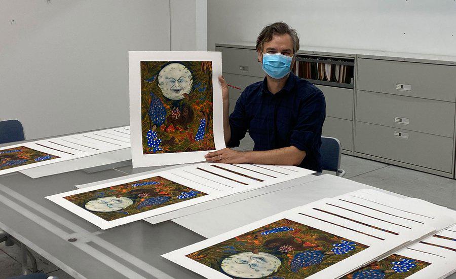 Marcel Dzama with his Artspace edition, The Illumination of the sisters of paradise, 2020 
