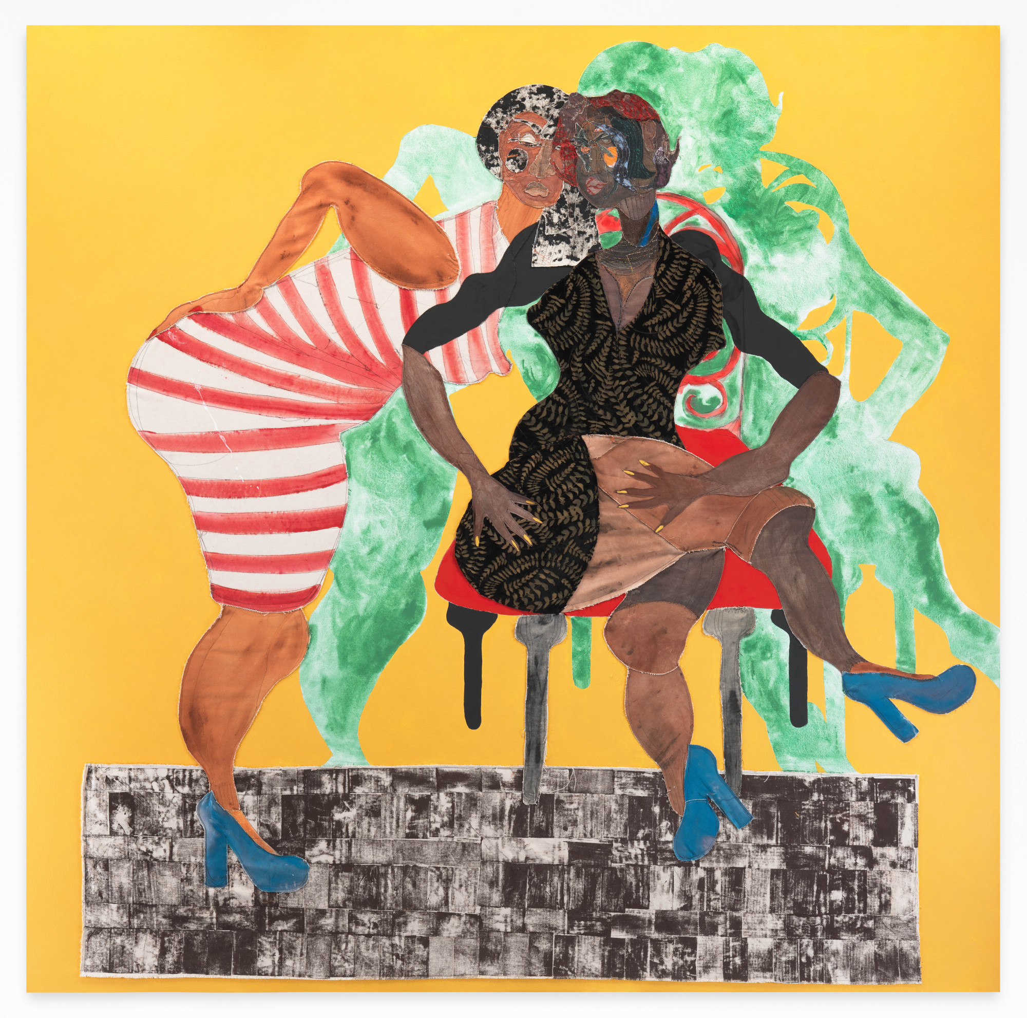 Tschabalala Self , Two Women 3, 2021 . Tulle, lace, velvet, thread, acrylic paint, digital