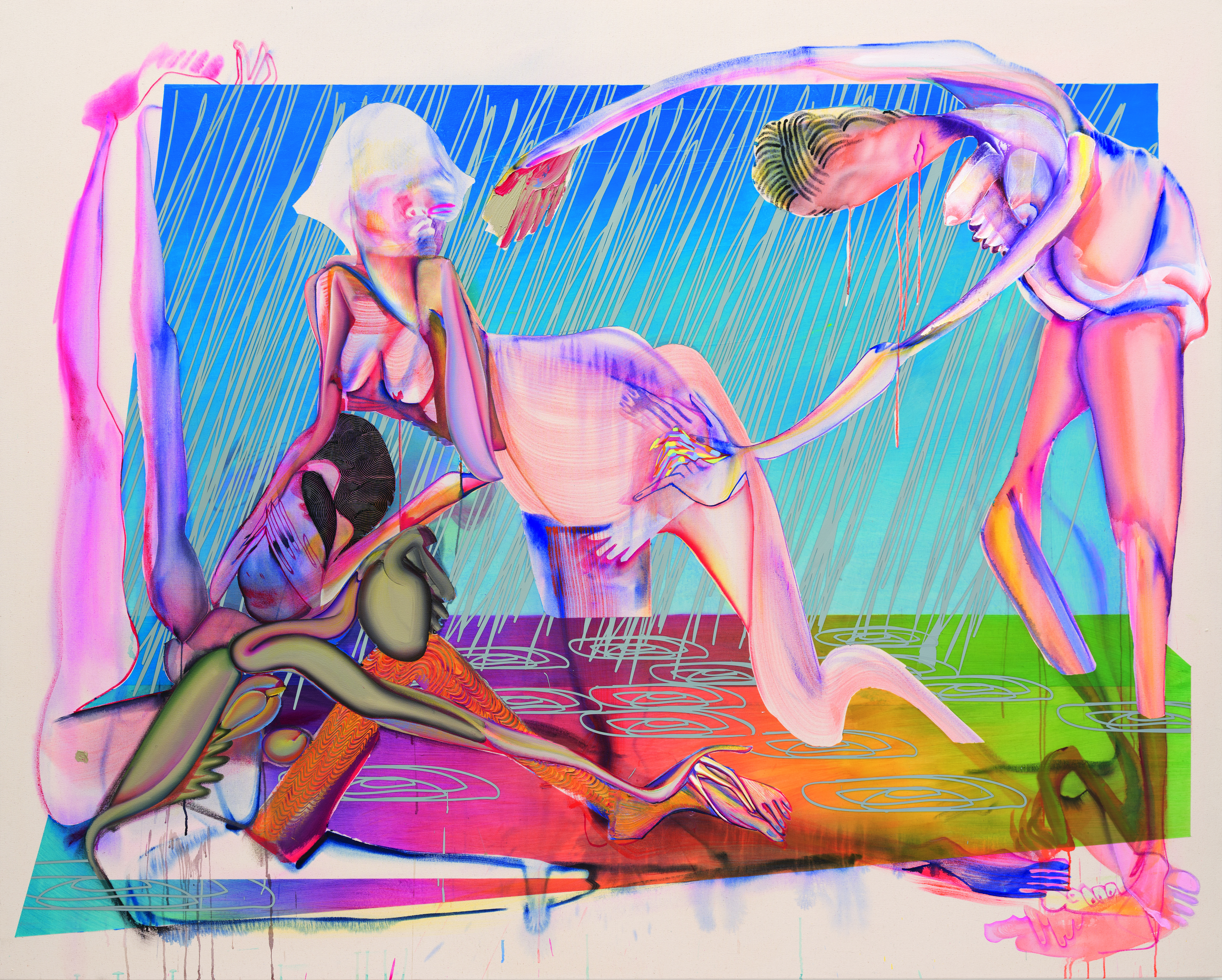 Christina Quarles, Pried/Prayed (Hard Rain Gon’ Come), 2020. Acrylic