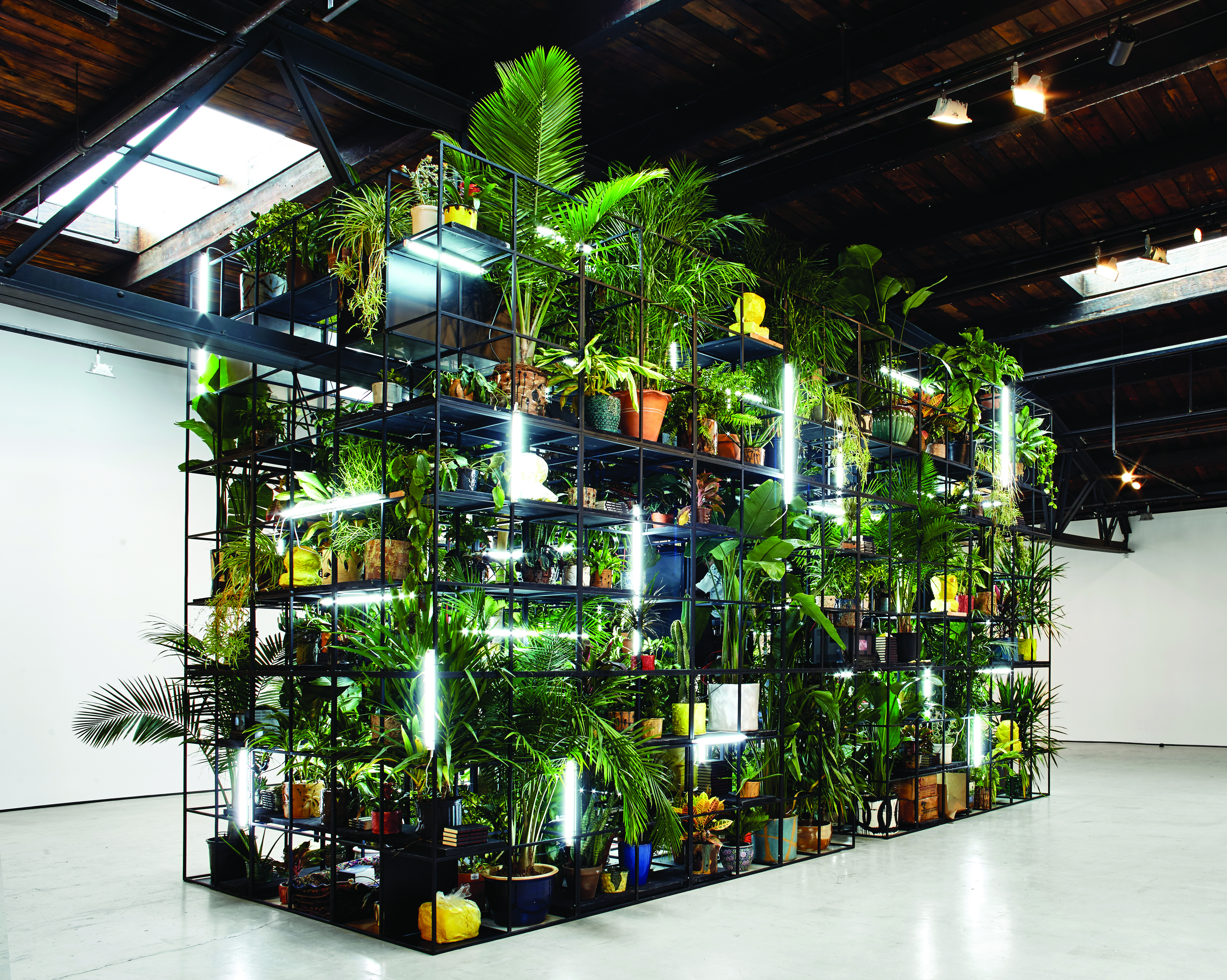 Rashid Johnson, Antoine’s Organ, 2016. Black steel, grow lights, plants, wood, shea butter