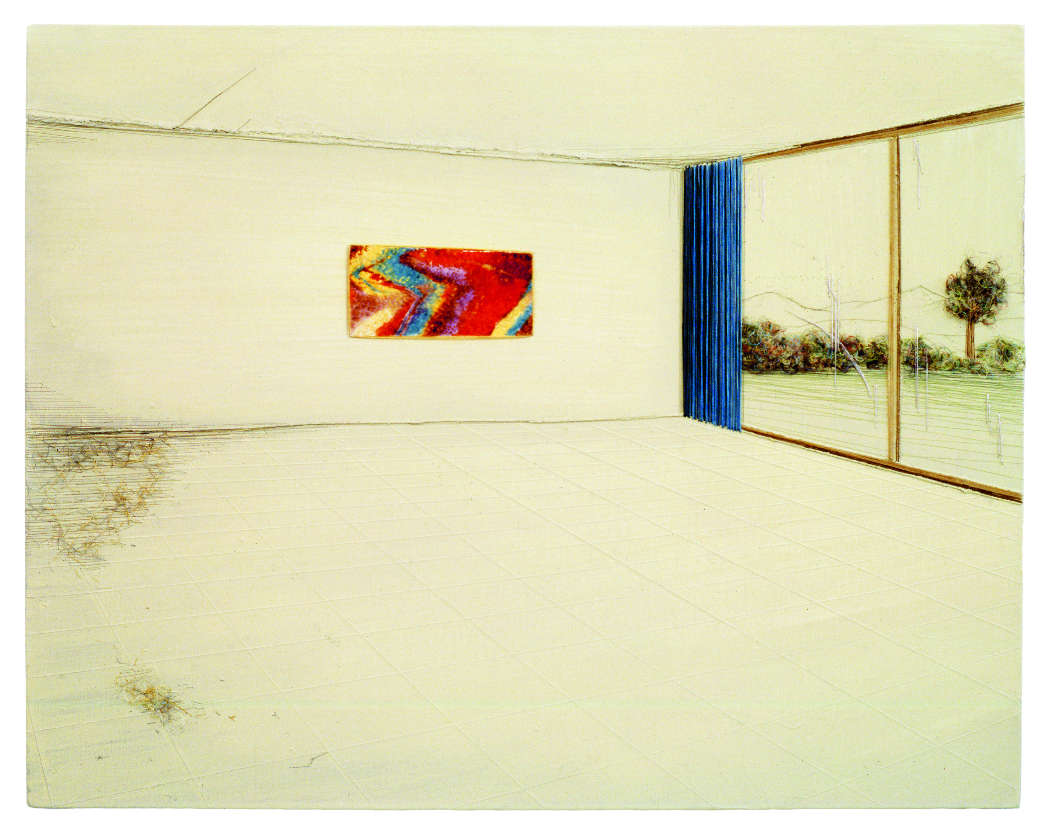 Michael Raedecker, abstract, 1998. Acrylic, fabric and thread on canvas, 66 x 84