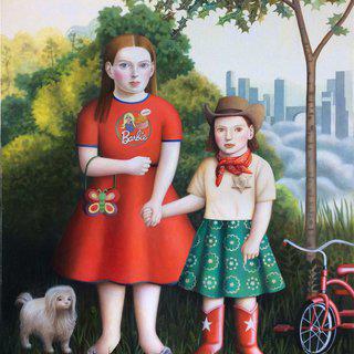 "Two Girls, Dog and Bicycle" contemporary oil double portrait in early American style art for sale