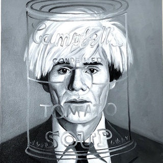 Andre Von Morisse, MEETING ANDY WARHOL (THE INABILITY OF MEETING SOMEONE FAMOUS OBJECTIVELY) b&w portrait contemporary paintings