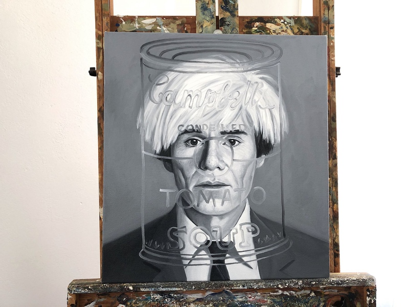 view:74217 - Andre Von Morisse, MEETING ANDY WARHOL (THE INABILITY OF MEETING SOMEONE FAMOUS OBJECTIVELY) b&w portrait contemporary paintings - 