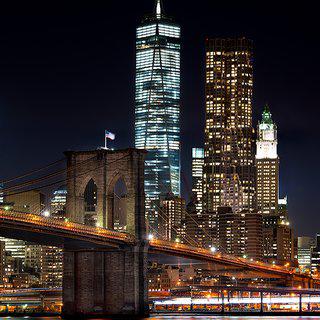 Andrew Prokos, Brooklyn Bridge and Lower Manhattan Skyscrapers at Night