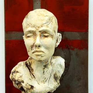 Man's Head with Red Encaustic, wall-mounted art for sale