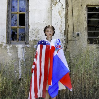 Carmen Lizardo, Self portrait with the Dominican and American Flag, Happy, Texas