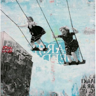 Deb Waterman, Saturday Swing - joyful street art urban landscape grey and blue painting