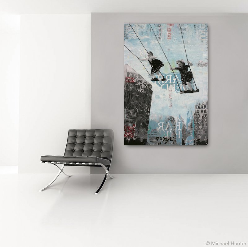 view:33640 - Deb Waterman, Saturday Swing - joyful street art urban landscape grey and blue painting - 