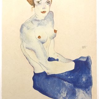 Egon Schiele, Seated Girl with Bare Torso and Light Blue Skirt