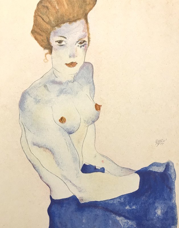 view:22168 - Egon Schiele, Seated Girl with Bare Torso and Light Blue Skirt - 