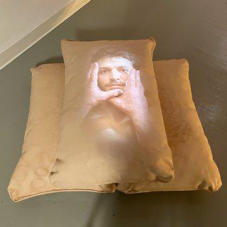 Hero Baby with leather pillow installation art for sale