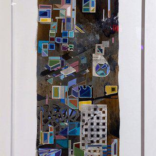 Eric Mack, PRR-100, mixed media collage on natural wood, framed, geometric