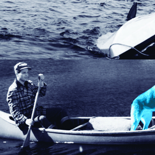 Man, Dog (Blue), Canoe/Shark Fins (One Yellow), Capsized Boat art for sale