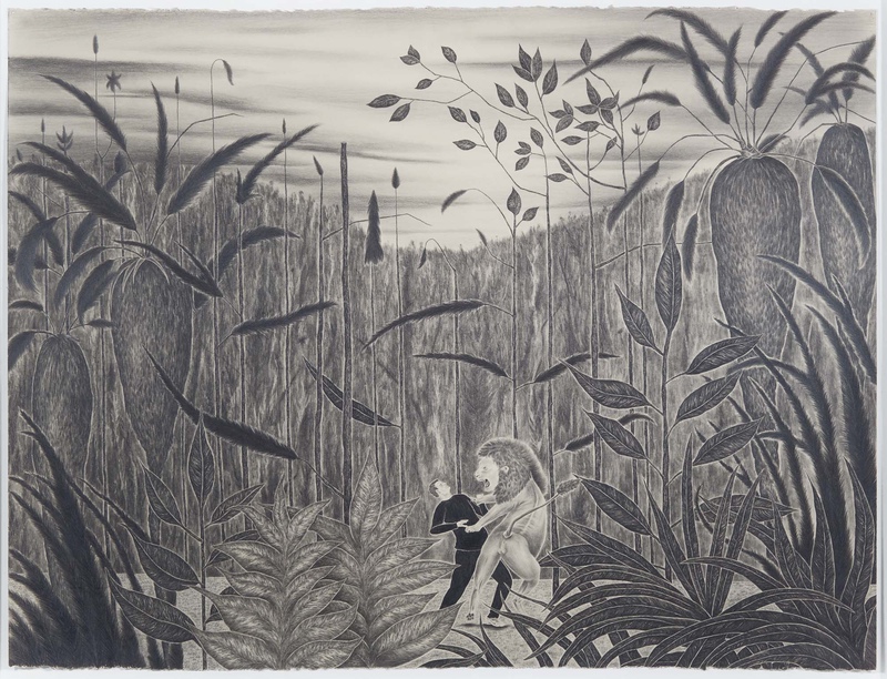 exhibition - Invented Tropical Landscape-American Man Struggling with Lion (After Rousseau)