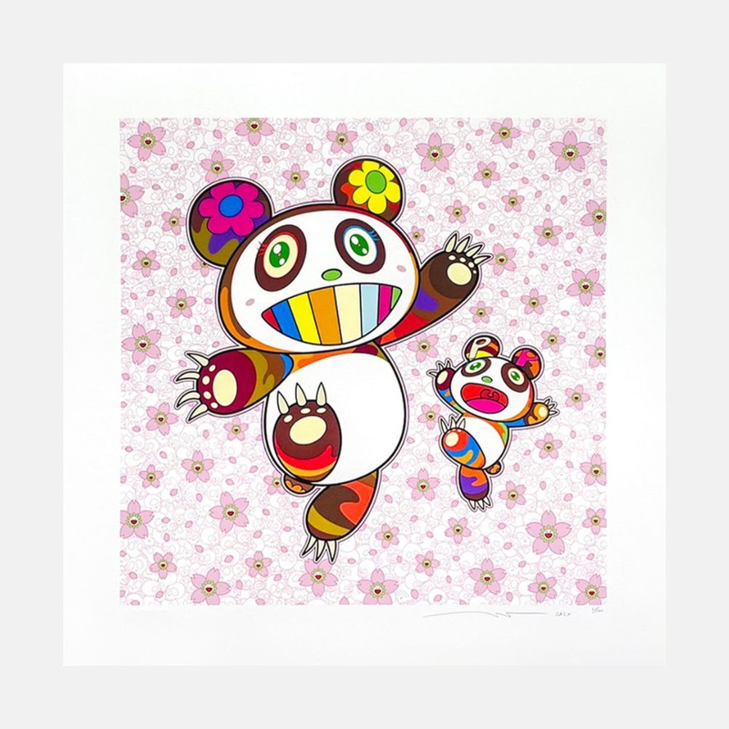 Panda Mother and Baby in a Flurry of Cherry Blossom Petals