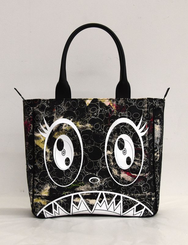 Takashi Murakami - Canvas Handbag - Black skulls / white artwork / embroidered skull interior ...